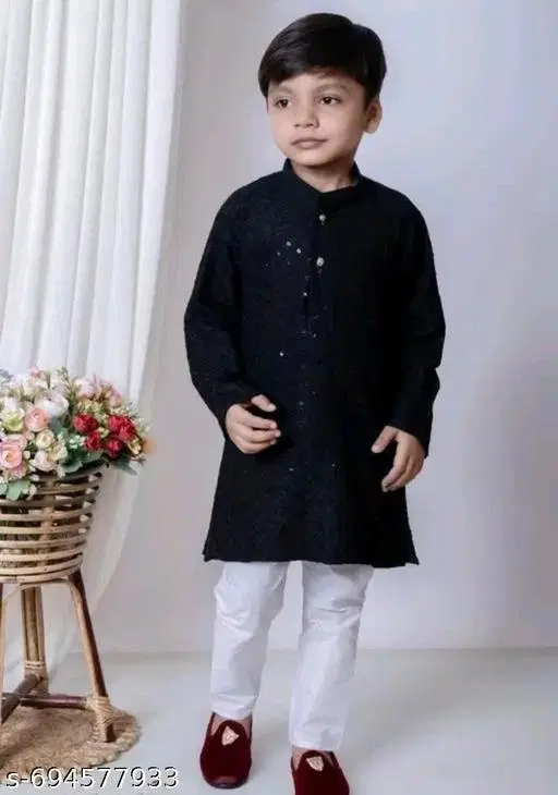 Embellished Rayon Pyjama Set for Boys (Black Top Bottom) (White, 1-2 Years)