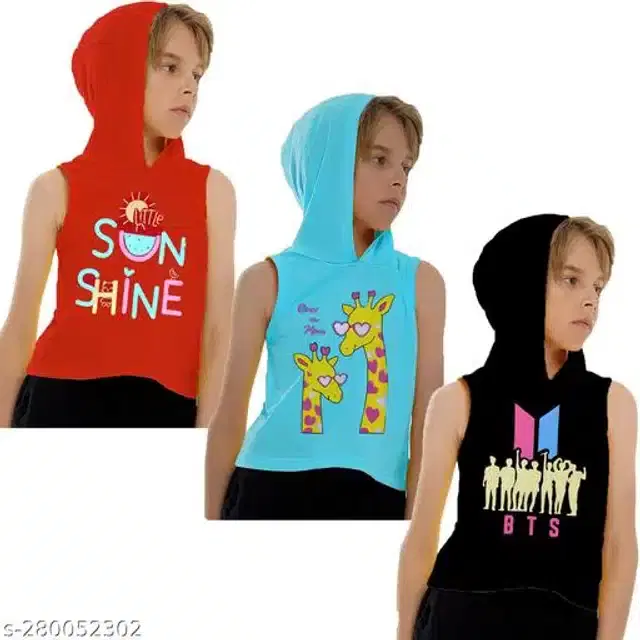 Cotton Sleeveless Hoodie for Girls, Pack of 3 (Multicolor, 5-6 Years)
