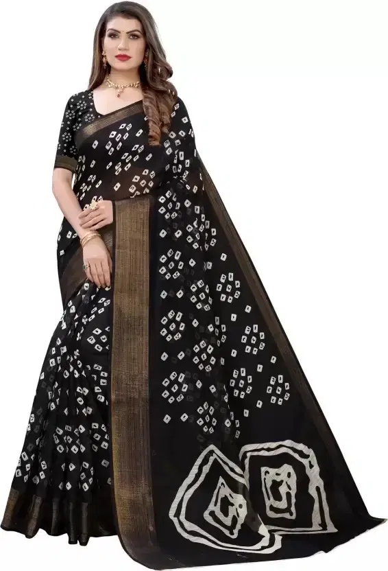 Cotton Bandhani Print Saree for Women, Black