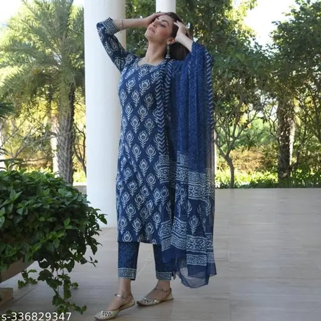 Viscose Rayon Printed Kurta with Pant & Dupatta for Women (Multicolor, M)