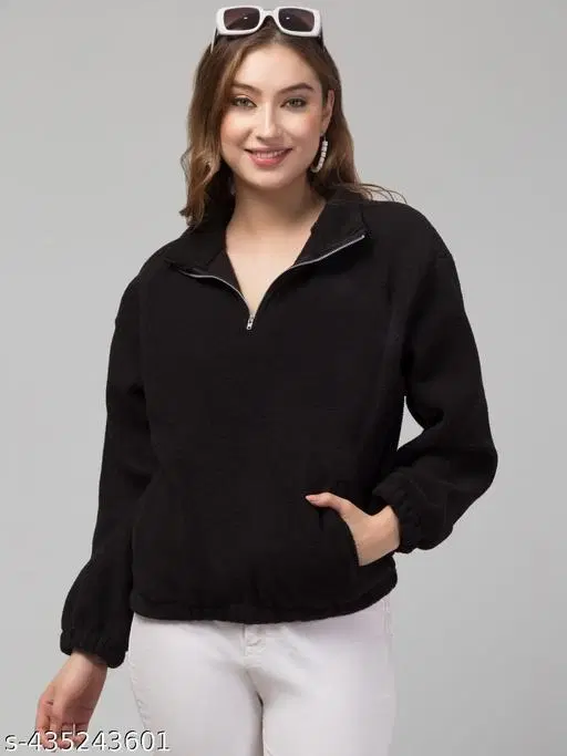 Fleece Solid Sweatshirt for Women (Black, S)