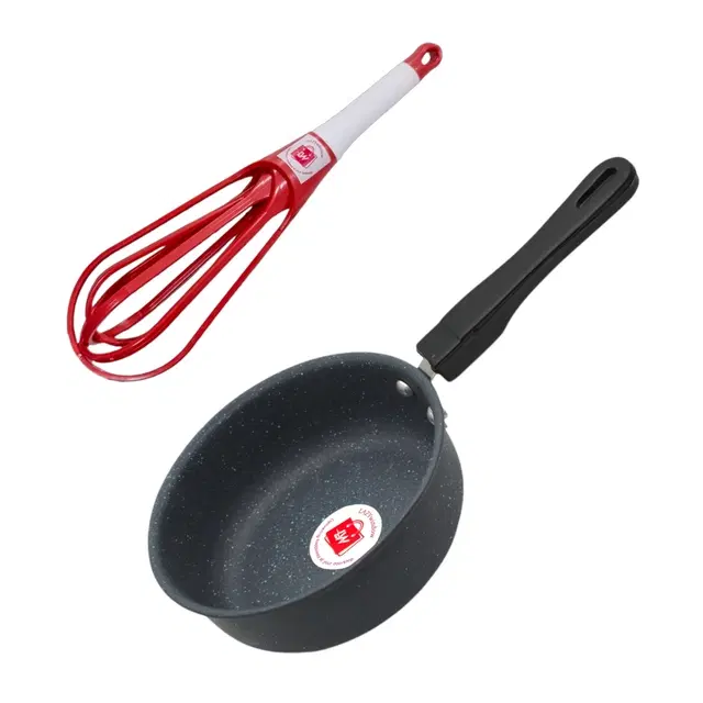 Nonstick Baby Sauce Pan with Whisk Hand Blender Mixer, Red & Black, Set of 2