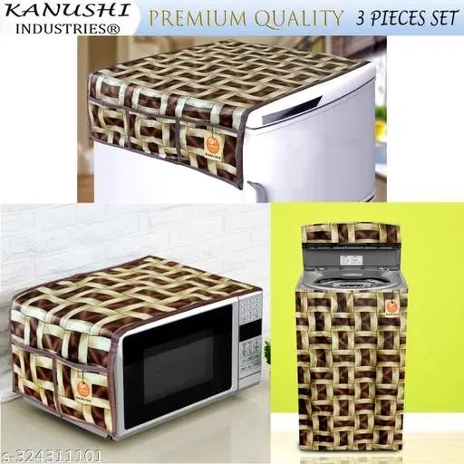 KANUSHI Industries® Fridge /Refrigerator Top Cover + 1 Pc Top Load Fully Automatic Washing Machine Cover + 1 Pc Microwave/Oven Top Cover(FRI+MICRO+WASMAC-FULLY-BROWN-GOLDEN-LINE)