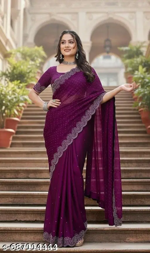 Georgette Solid Saree For Women, Purple