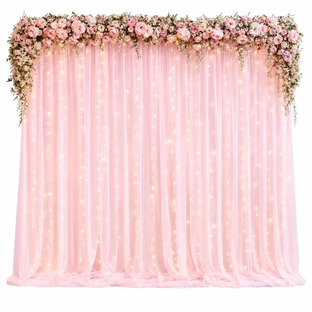 Party Propz Pink Curtain Background Decoration Cloth -4 Pc Pooja Backdrop Cloth With Ribbon & Light
