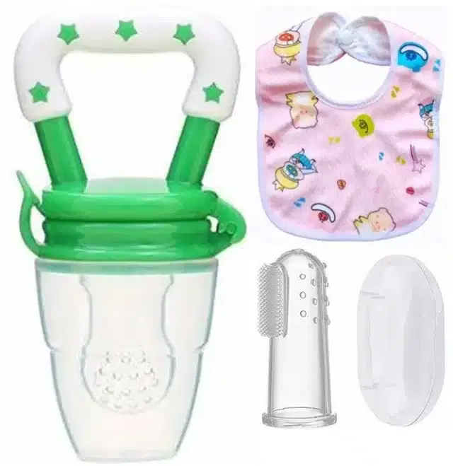 Silicone Fruit Feeder with Finger Brush & Bib for Kids, Multicolor, Set of 3