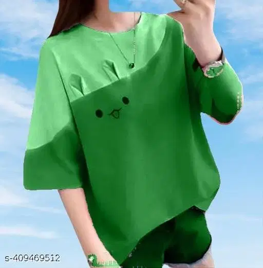 Cotton Blend Printed T-Shirt for Women, Green (S)