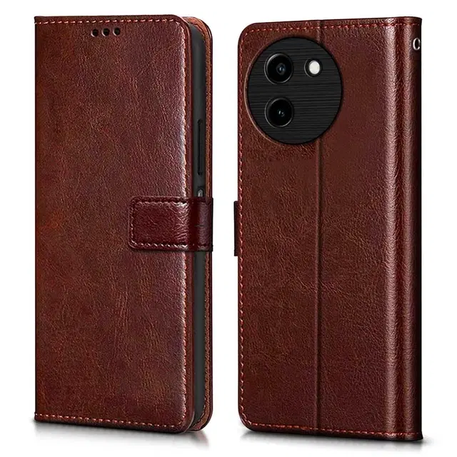 Artificial Leather Mobile Flip Cover for Vivo T3x 5G, Brown