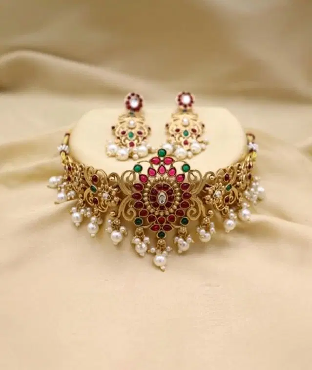 Copper Choker Necklace with Earrings for Women, Set of 1 (Multicolor)