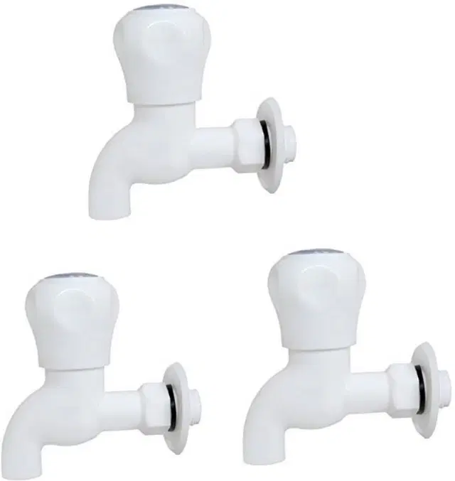 Plastic Polo Bib Cock Tap with Wall Flange, White, Set of 3