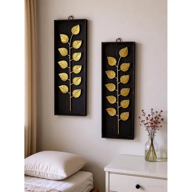 Vertical Golden Leaf Metal Wall Art on Wooden Base Decorative Wall Hanging