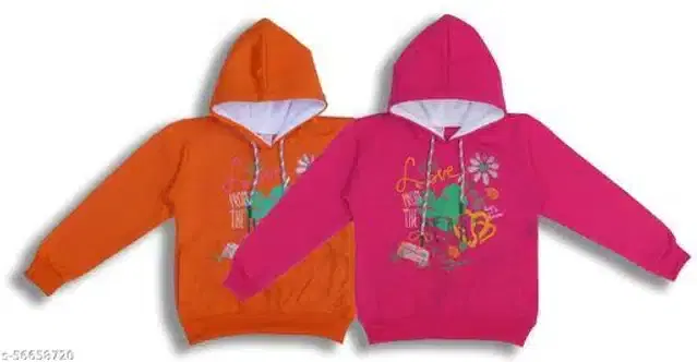 Fleece Printed Full Sleeves Hooded Sweatshirts for Girls, Pack of 2 (Orange & Dark Pink, 2-3 Years)