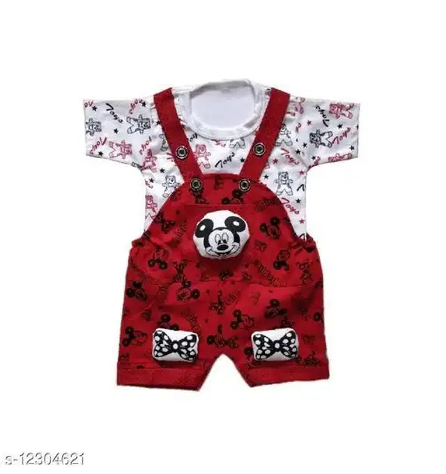Dungaree Set with T-Shirt for Newborn Baby Boy (White & Red, 0-3 Months)