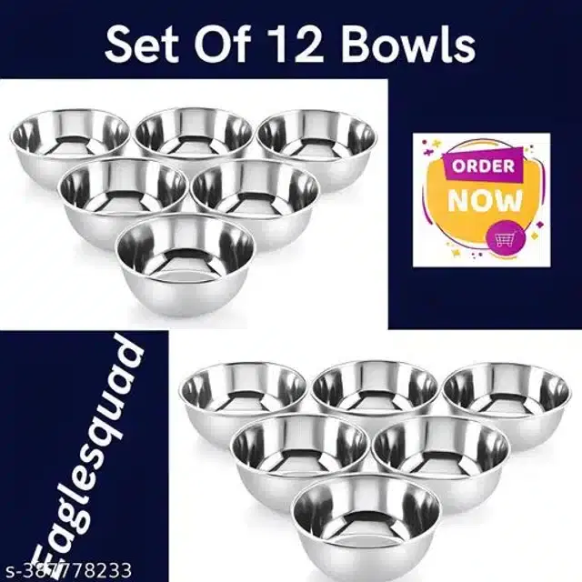 Stainless Steel Bowls, Silver, Pack of 12
