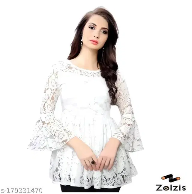 Three-Quarter Sleeves Top for Women (White, S)