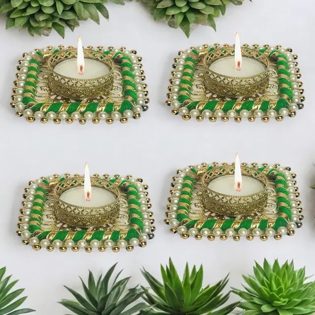 Metal Designer Tealight Candle Holder, Green, 8x8x2 cm, Pack of 4