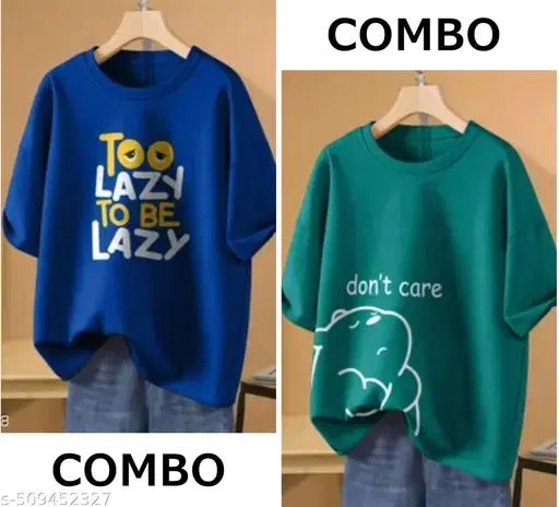 Cotton Blend Printed T-Shirt for Women, Blue & Green, Pack of 2 (L)