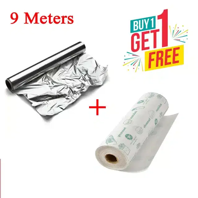 Aluminium Foil with Food Wrapping Butter Paper , Pack of 2, 9 m