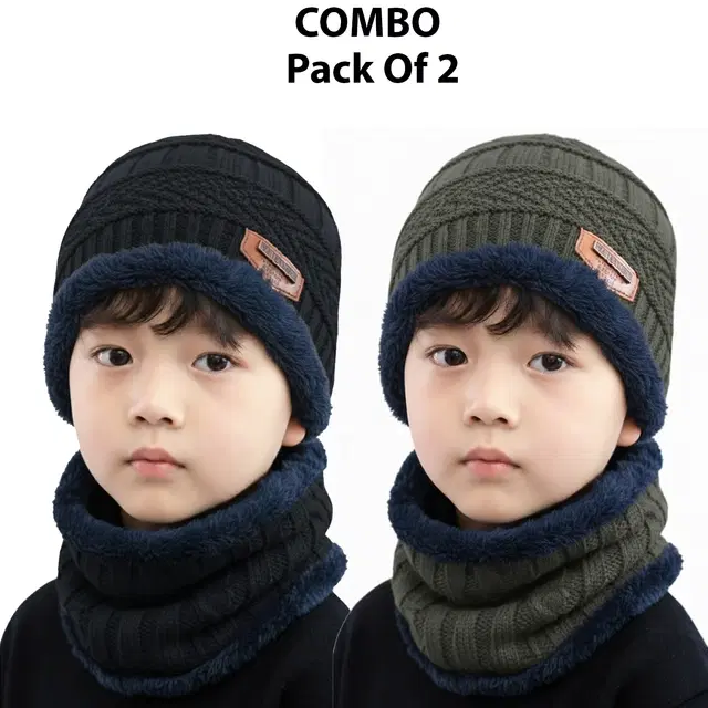 Woolen Solid Cap with Neck Wramer for Kids, Pack of 2, Multicolor