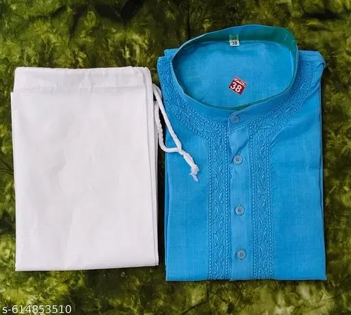 Cotton Solid Kurta Set for Men, White & Sky Blue (M)