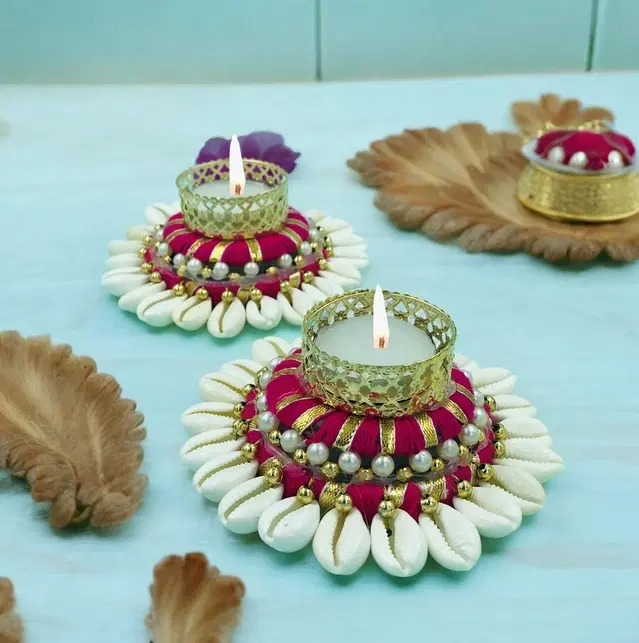 Metal Designer Tealight Candle Holder, Pink, 11x11x4.4 cm, Pack of 2