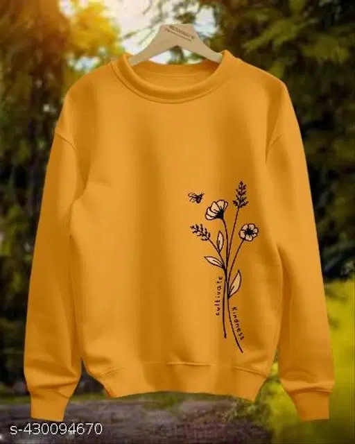 Cotton Printed Sweatshirt for Women (Yellow, M)