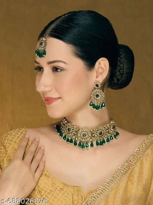 Mehandi Finish Shadow crystal Choker Set with Maang Tikka and Matching Earrings for Women (Green, Free Size)