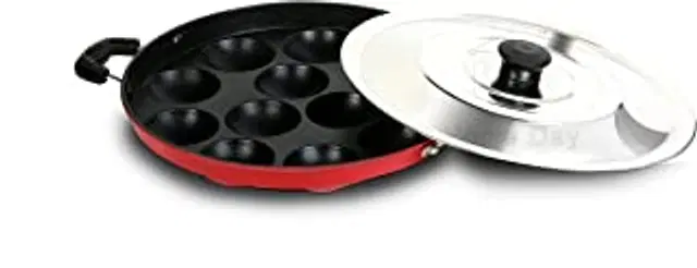 ZODEX 12 Cavities Non Stick Appam Patra with Lid and Side Handle, Multicolor, 21 cm
