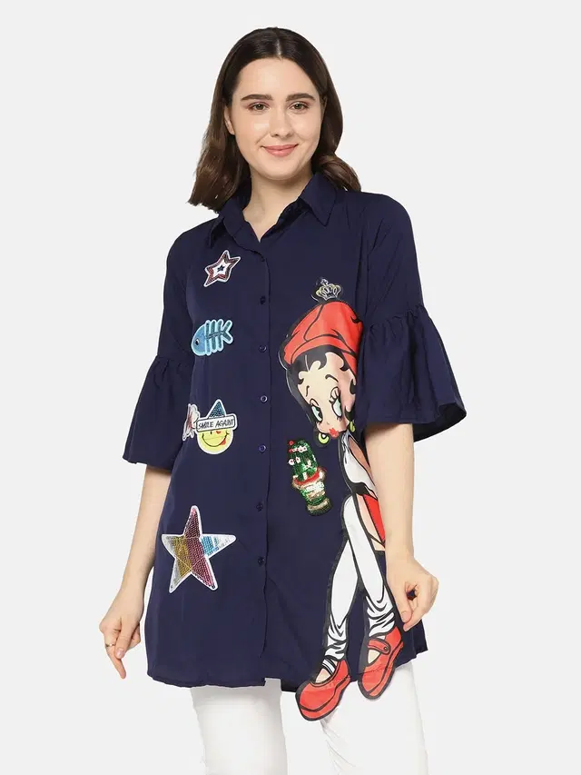 Half Sleeves Printed Shirt for Women (Navy Blue, S)