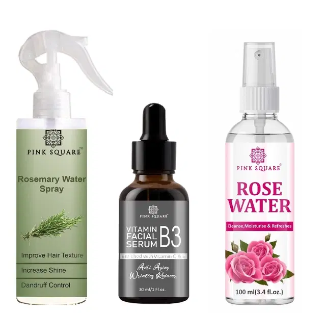 Pink Square Rosemary Hair Spray, 100 ml with Vitamin B3 Face Serum, 30 ml & Rose Water, 100 ml, Set of 3