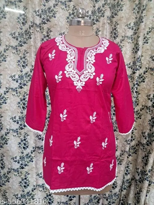 Cotton Chikankari Short Kurti for Women, Pink (S)