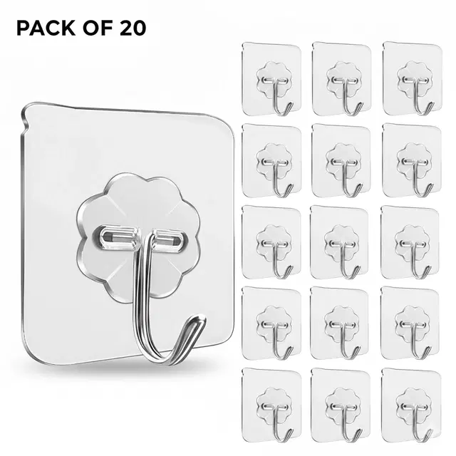 Plastic Wall Hooks, Transparent (Pack of 20)