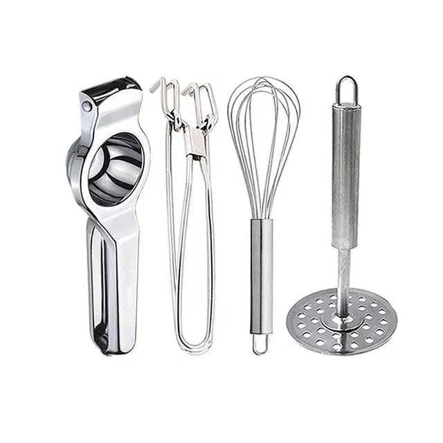 Stainless Steel Lemon Squeezer & Pakkad & Egg Whisk & Potato Masher For Kitchen, Set of 4, OC-080