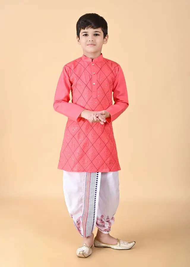 Cotton Blend Embellished Kurta with Dhoti for Boys, Pink & White (6-12 Months)