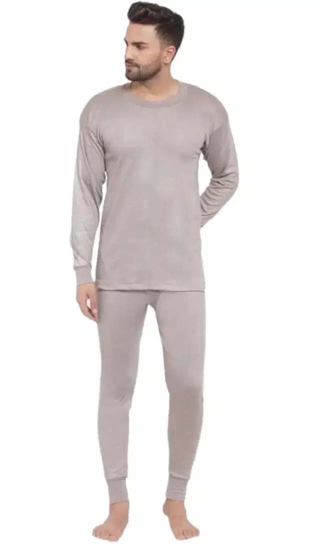 Cotton Blend Solid Thermal Set for Men (Light Brown, L)