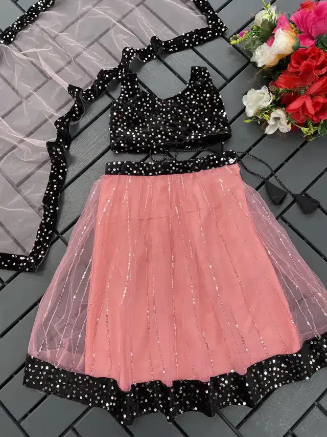Netted Fully Stitched Lehenga Choli for Girls (Peach & Black, 5-6 Years)