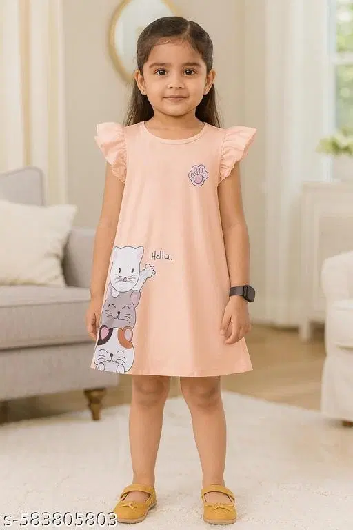 Hosiery Cotton Printed Frock for Girls, Peach (0-3 Months)