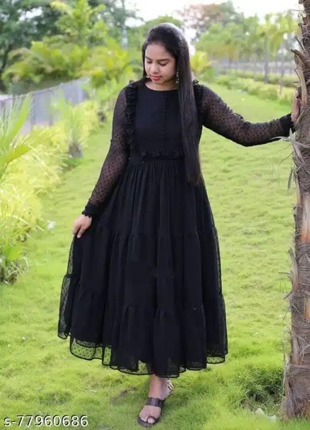 Women's Self Design Anarkali Gown (Black, M)