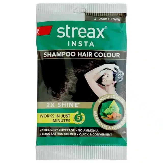 Streax Insta Shampoo Hair Colour  Dark Brown 3, 18 ml
