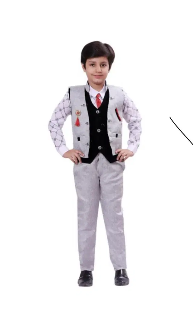 Cotton 3 Piece Suit Set for Boys (Grey, 9-10 Years)