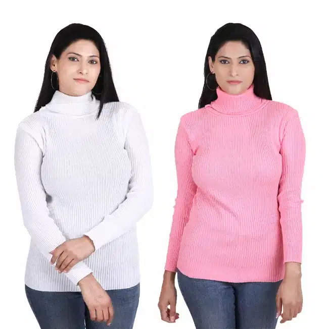 Full Sleeves High Neck Sweater for Women, Pack of 2 (White & Pink, S)