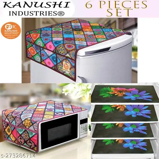 KANUSHI Industries® 1 Pc Microwave/Oven Top Cover + 1 Pc Fridge/Refrigerator Top Cover + 4 Fridge Mate (Micro+FRI-DIG-B+M-24-04)…