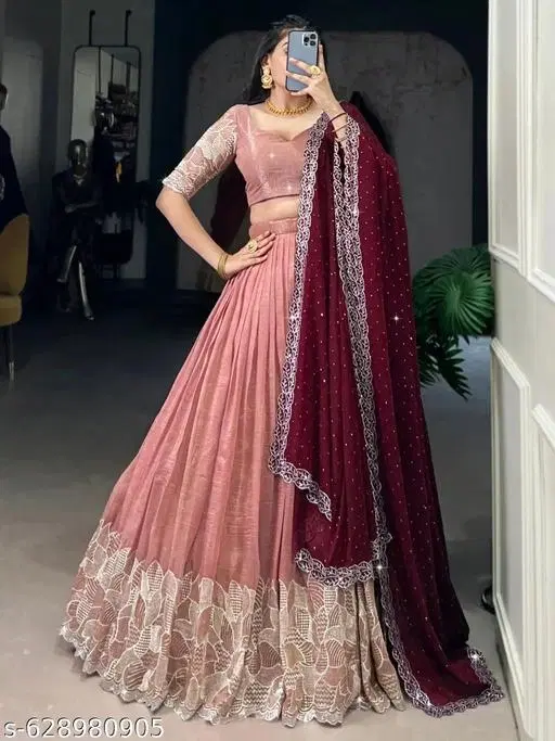 Embroidered Lehenga Choli for Women (Pink, Free Size)