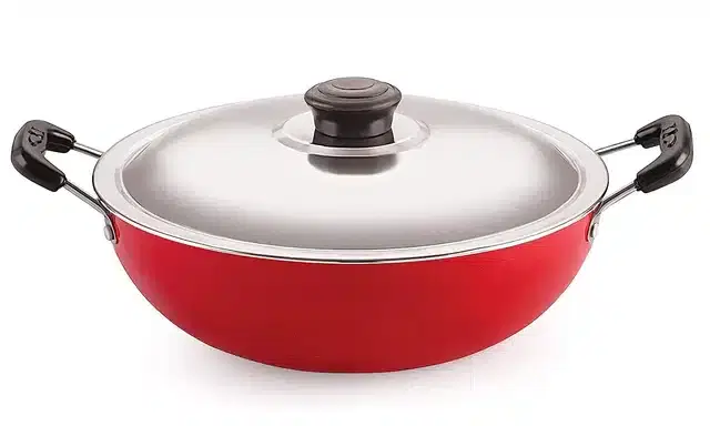 Aluminium Non-Stick Kadhai with Lid, Red & Silver, 2.2 L