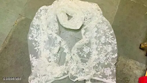 Floral Aari Work Embroidered Net Dupatta for Women (White, Free Size)