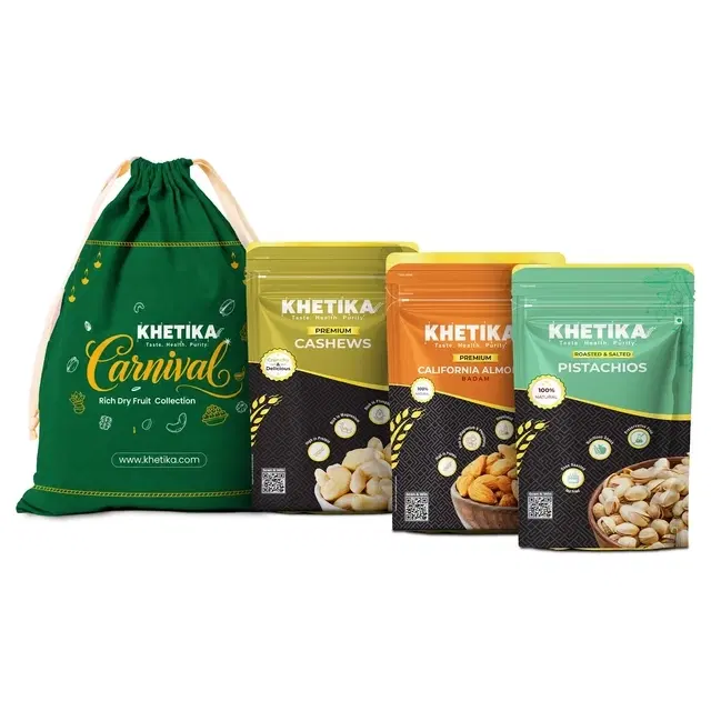 Celebration Trio Dry Fruits Gift Potli Almonds, Cashews, & Pistachios-Khetika-300 g