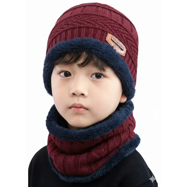 Woolen Solid Cap with Neck Wramer for Kids, Red