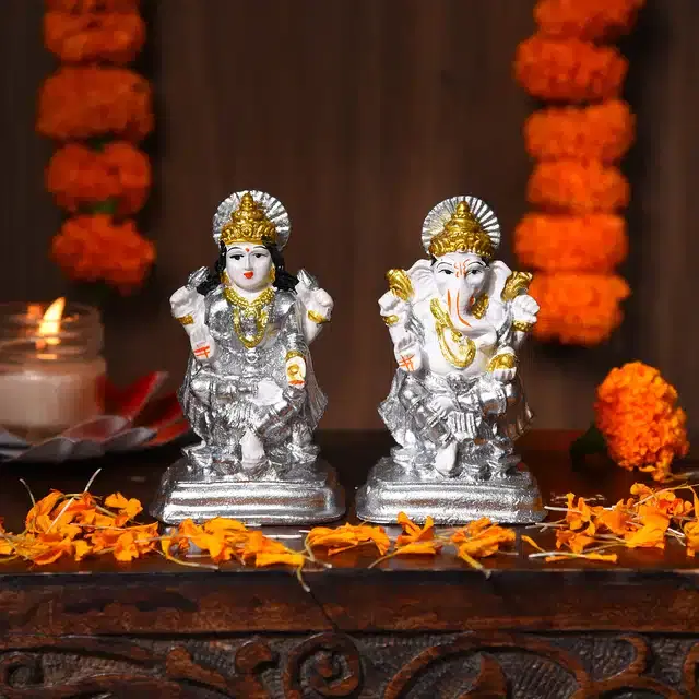 Goddess Laxmi with Lord Ganesha Idol, Silver & White, 4 inches, Set of 2