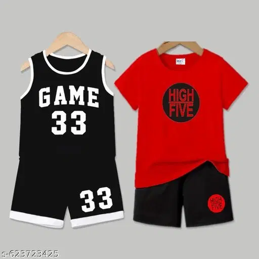 Cotton Blend Printed Clothing Set for Boys, Black & Red, Pack Of 2 (12-18 Months)