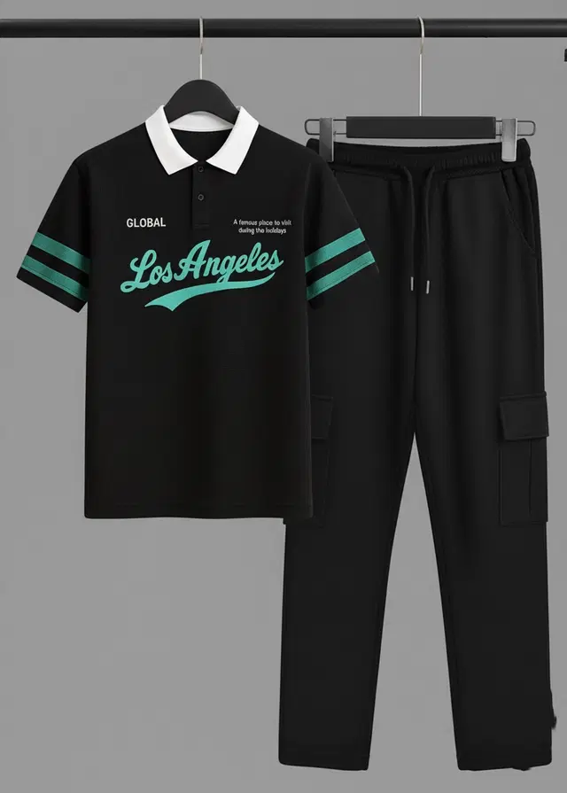 Colorblocked Night Suit For Men  Black , (M)